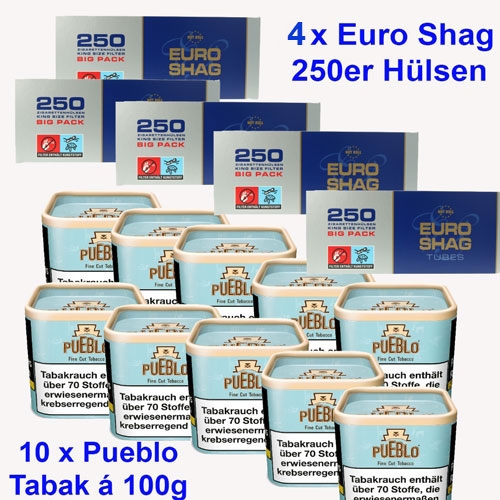 10 x Pueblo Tabak Blau 100g Dose + 4 x 250 Euro Shag Zigarettenhülsen Sparpaket