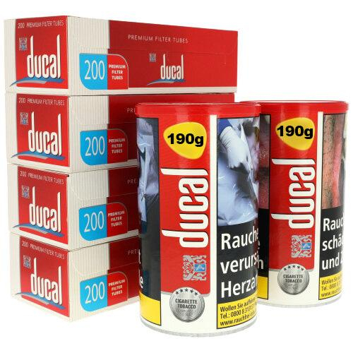 2 x Ducal Rot Zigaretten Tabak Dose Inhalt 190g + 4 x Ducal 200 Stück Zigarettenhülsen