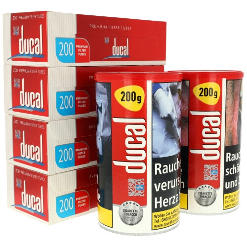 2 x Ducal Rot Zigaretten Tabak Dose Inhalt 200g + 4 x Ducal 200 Stück Zigarettenhülsen
