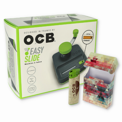 Aktion OCB EASY SLIDE Zigarettenstopfmaschine + Feuerzeug & Metall-Box