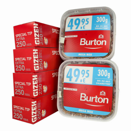 Burton Tabak Sparpaket (2 x Burton Rot Eimer 300g) + (4 x Gizeh Special Tip Extra 250 Stk)