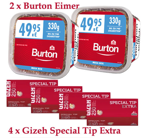 Burton Tabak Sparpaket (2 x Burton Rot Eimer 330g) + (4 x Gizeh Special Tip Extra 250 Stk)