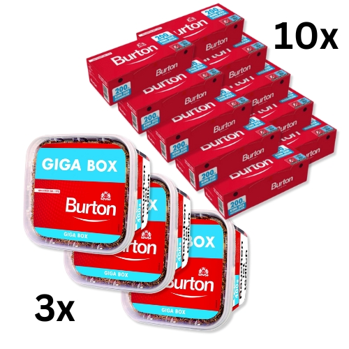 Burton Tabak Sparpaket (3 x Burton Rot Eimer 400g) + (10 x Burton Zigarettenhülsen 200 Stück)