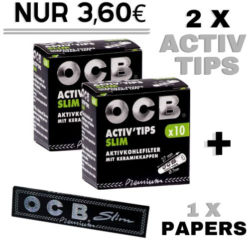OCB Set Premium Black ( 2 x OCB Activ Tips Slim 10 Stück + 1 x OCB Premium Slim Black Papers 32 Stück)