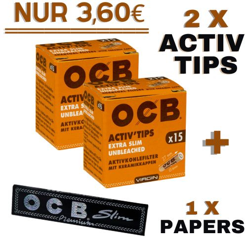 OCB Set Unbleachd Extra Slim ( 2 x OCB Activ Tips Extra Slim 15 Stück + 1 x OCB Premium Slim Black Papers 32 Stück)