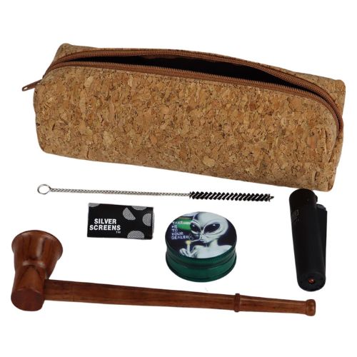 Starter-Set 420 mit Holzpfeife, Grinder, Bürste, Siebe und Clipper Feuerzeug