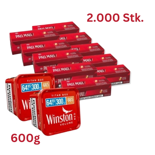 Winston 600g Tabak & Pall Mall Hülsen Sparpaket (2 x Winston 300g & 10 x 200 Stück Pall Mall Hülsen)
