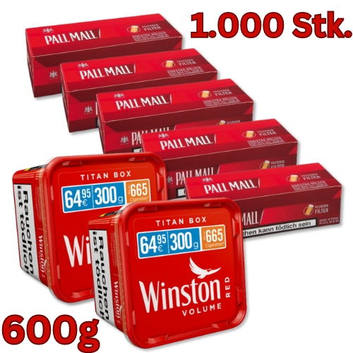 Winston 600g Tabak & Pall Mall Hülsen Sparpaket (2 x Winston 300g & 5 x 200 Stück Pall Mall Hülsen)