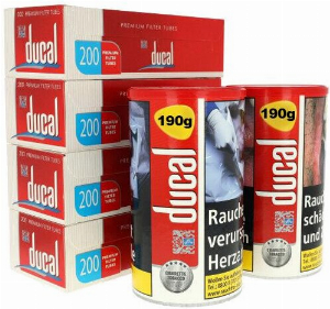 2 x Ducal Rot Zigaretten Tabak Dose Inhalt 168g + 4 x Ducal 200 Stück Zigarettenhülsen