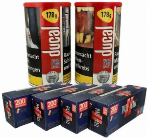 2 x Ducal Rot Zigaretten Tabak Dose Inhalt 168g + 4 x Pall Mall Rot Xtra 200 Stück Zigarettenhülsen