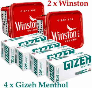 2 x Winston Giant 165g Tabak + 4 x Gizeh Menthol 200 Hülsen - Sparpaket