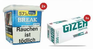 2x Break Blau Titan 300g + 600 Gizeh Menthol Hülsen
