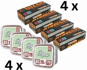 4x Pepe Bright Green Tabak 170g Tabak + 4x Gizeh Full Flavor Extra 200 Stück - Sparpaket