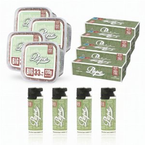 4x Pepe Bright Green Tabak 170g Tabak + 4x Pepe Zigarettenhülsen 200 Stück + 4x Pepe Feuerzeug - Sparpaket