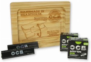 Aktion OCB Stopftablett aus Holz + 2 x Activ Tips 7 mm Slim 50er + 2 x OCB Schwarz Premium Long Slim Zigarettenpapier