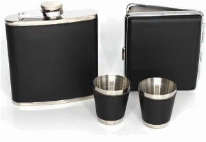 Angelo Flachmann Set Leder schwarz 6oz.