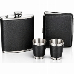 Angelo Flachmann Set Leder schwarz 6oz.