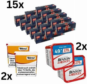 Benson & Hedges 470g & West Yellow 470g Tabak & Pall Mall Hülsen Sparpaket (2 x Benson & Hedges 235g & West Yellow 235g & 15 x 200 Stück Pall Mall Hülsen)