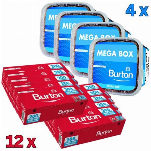 Burton Blue Tabak Sparpaket (4 x Burton Blue Eimer 270g) + (12 x Burton Zigarettenhülsen 200 Stück)