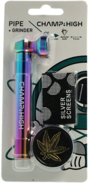 Champ High Rainbow Metallpfeife mit golden Weed Leaf Grinder und Screens