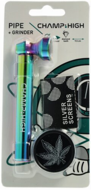 Champ High Rainbow Metallpfeife mit silber Weed Leaf Grinder und Screens