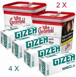 2x Chesterfield 255g Tabak + 4x Gizeh Menthol 200 Hülsen - Sparpaket