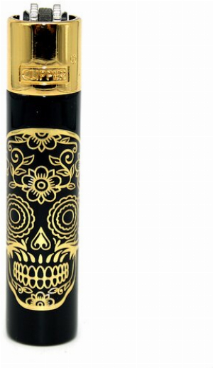 Clipper Feuerzeug Metall Mex Skulls gold