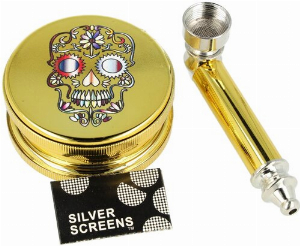 Dreamliner Skull Set mit Grinder, Pfeife und Siebe Gold Nr. 3
