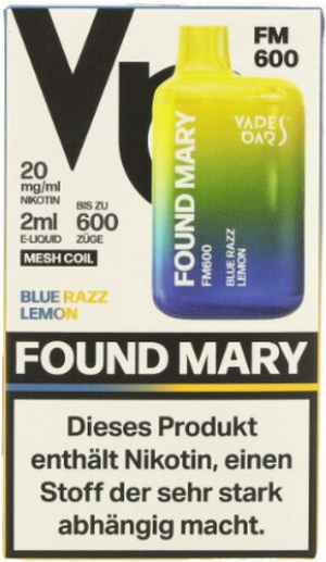 Found Mary FM600 Vapes Bars Einweg E-Zigarette Blue Razz Lemon 20mg