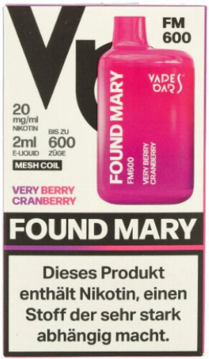 Found Mary FM600 Vapes Bars Einweg E-Zigarette Very Berry Cranberry 20mg