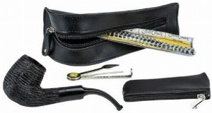 Jean Claude Pfeifen-Einsteigerset Lederoptik Schwarz Pfeife gebogen Rustiziert