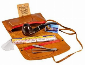 Jean Claude Pfeifen-Einsteigerset Rollbeutel Leder Braun antik Pfeife dezent gebogen