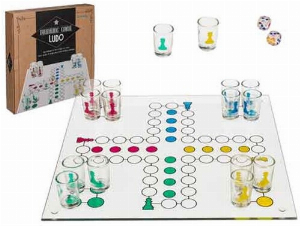 Ludo Glas-Trinkspiel mit 16 Gläsern & 2 Würfeln