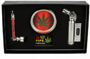 Metallpfeife Set Siebe, Grinder + Jet-Feuerzeug in Geschenkbox Nr. 1