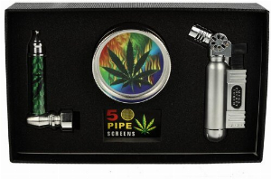 Metallpfeife Set Siebe, Grinder + Jet-Feuerzeug in Geschenkbox Nr. 3