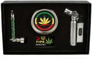 Metallpfeife Set Siebe, Grinder + Jet-Feuerzeug in Geschenkbox Nr. 4