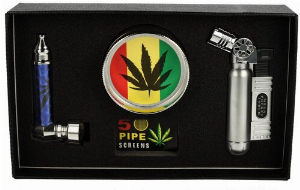 Metallpfeife Set Siebe, Grinder + Jet-Feuerzeug in Geschenkbox Nr. 5