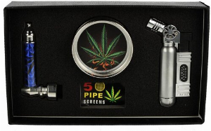 Metallpfeife Set Siebe, Grinder + Jet-Feuerzeug in Geschenkbox Nr. 6