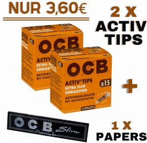 OCB Set Unbleachd Extra Slim ( 2 x OCB Activ Tips Extra Slim 15 Stück + 1 x OCB Premium Slim Black Papers 32 Stück)
