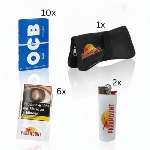 Paramount Pouch Sparpaket 180g Tabak + 10x OCB Zigarettenpapier Blau 100 Blatt + Feuerzeug + Drehertasche