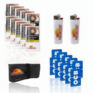 Paramount Pouch Sparpaket 180g Tabak + 10x OCB Zigarettenpapier Blau 100 Blatt + Feuerzeug + Drehertasche