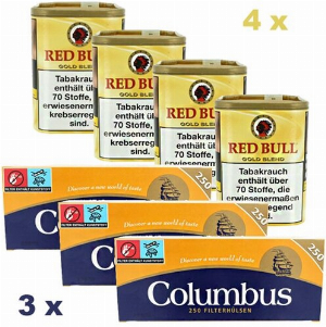 Red Bull Gold 480g Tabak Sparpaket (4 x Red Bull Gold 120g + 3 x Columbus Hülsen 250er)