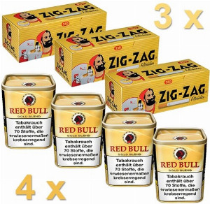 Red Bull Gold 480g Tabak Sparpaket (4 x Red Bull Gold 120g + 3 x Zig Zag Hülsen 250er)