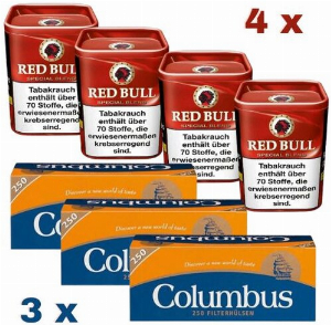 Red Bull Special Blend 480g Tabak Sparpaket (4 x Red Bull Special Blend 120g + 3 x Columbus Hülsen 250er)