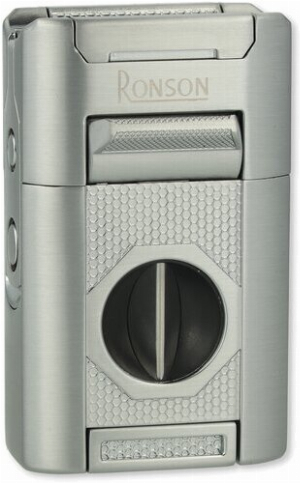 Ronson Giant Zigarrenfeuerzeug Chrom Brushed 4er Jetflame mit Zigarrenzubehör