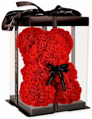 Rosenbär rot mit schwarzer Schleife über und über mit Moosgummirosen bedeckt