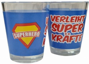 Schnapsglas VERLEIHT SUPER KRÄFTE Zeichen mit SUPERHERO Logo 4cl