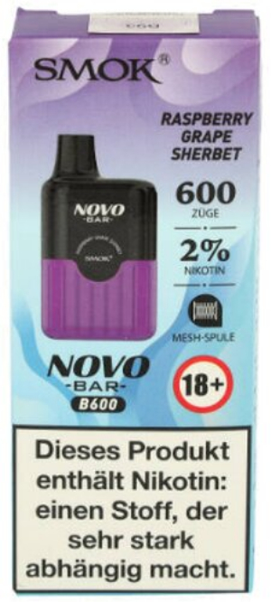 Smok Novo Bar B600 Raspberry Grape Sherbet Einweg E-Zigarette 20mg