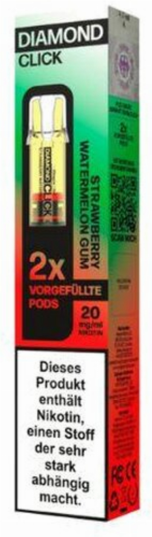Vapes Bars Diamond Click Strawberry Watermelon Gum Prefilled Pod 2x2ml 20mg