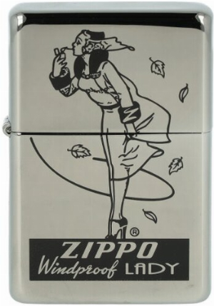 Zippo Feuerzeug Motiv Windproof Lady mit Feuerzeugbenzin und Feuersteinen